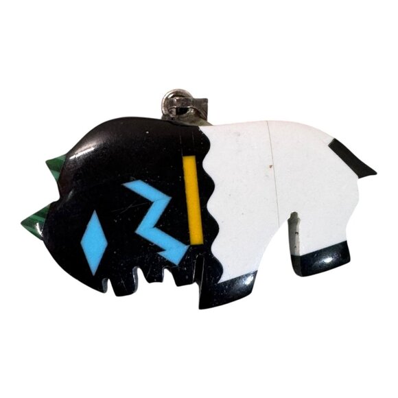 Inlaid Onyx Turquoise Buffalo Pendant Native American Style Inlay Southwestern - Picture 2 of 7